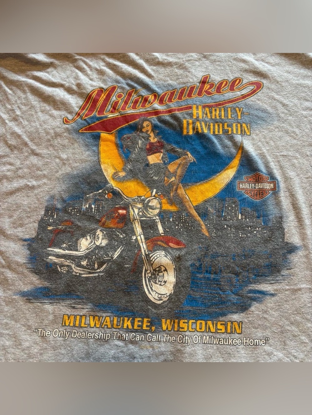 Harley Davidson Shirt XL Spider Web All Over Print Milwaukee WI Pin Up Girl Gray